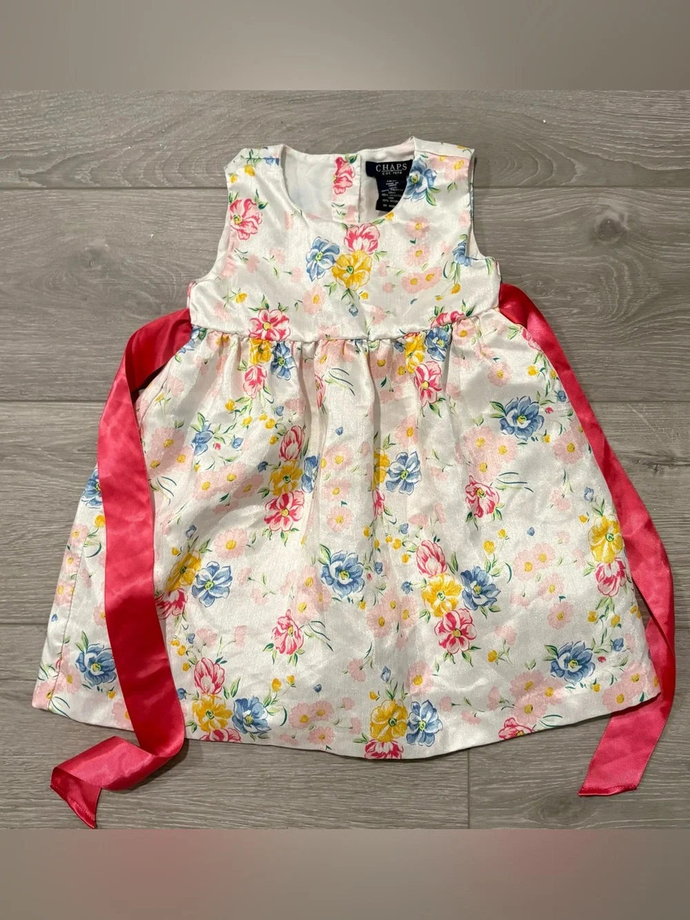 CHAPS Floral Satin Girl's Dress with Pink Sash. Girls 18 months